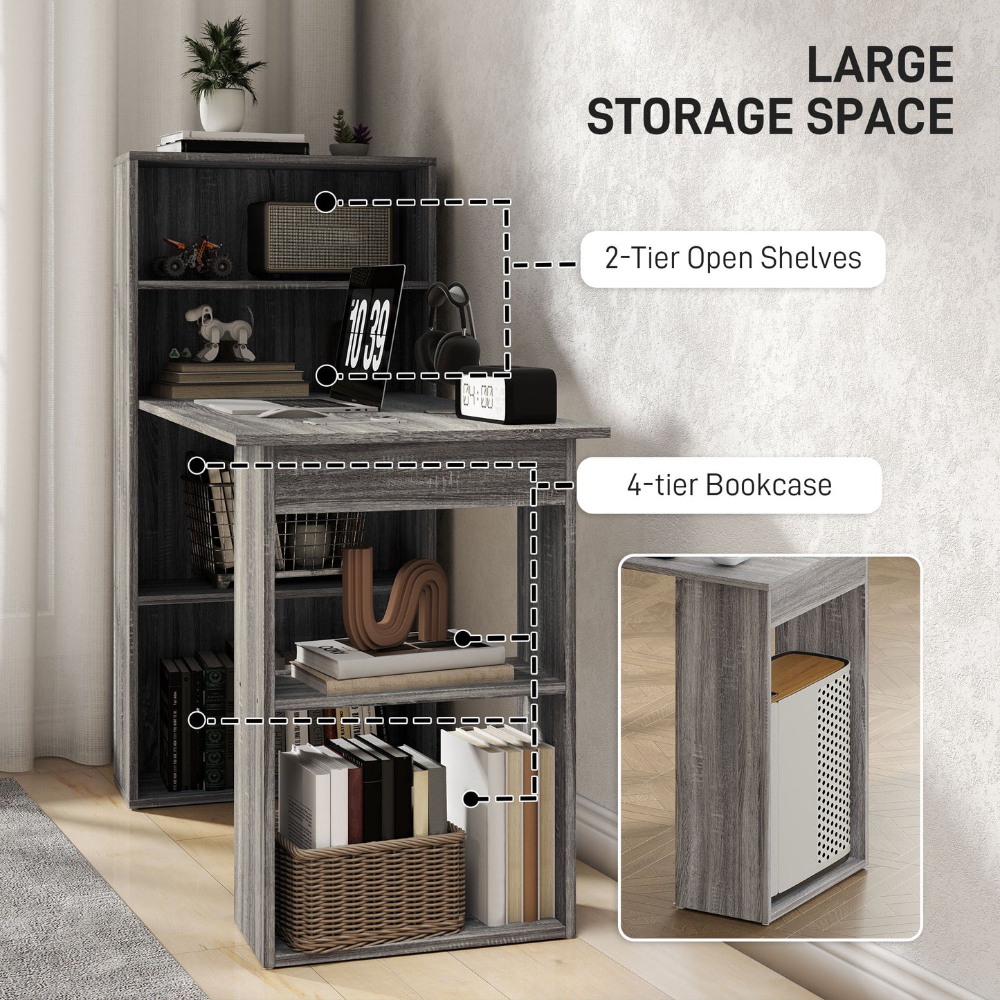 HOMCOM 120cm Desk & Bookshelf Workstation - 6 Shelves, Grey