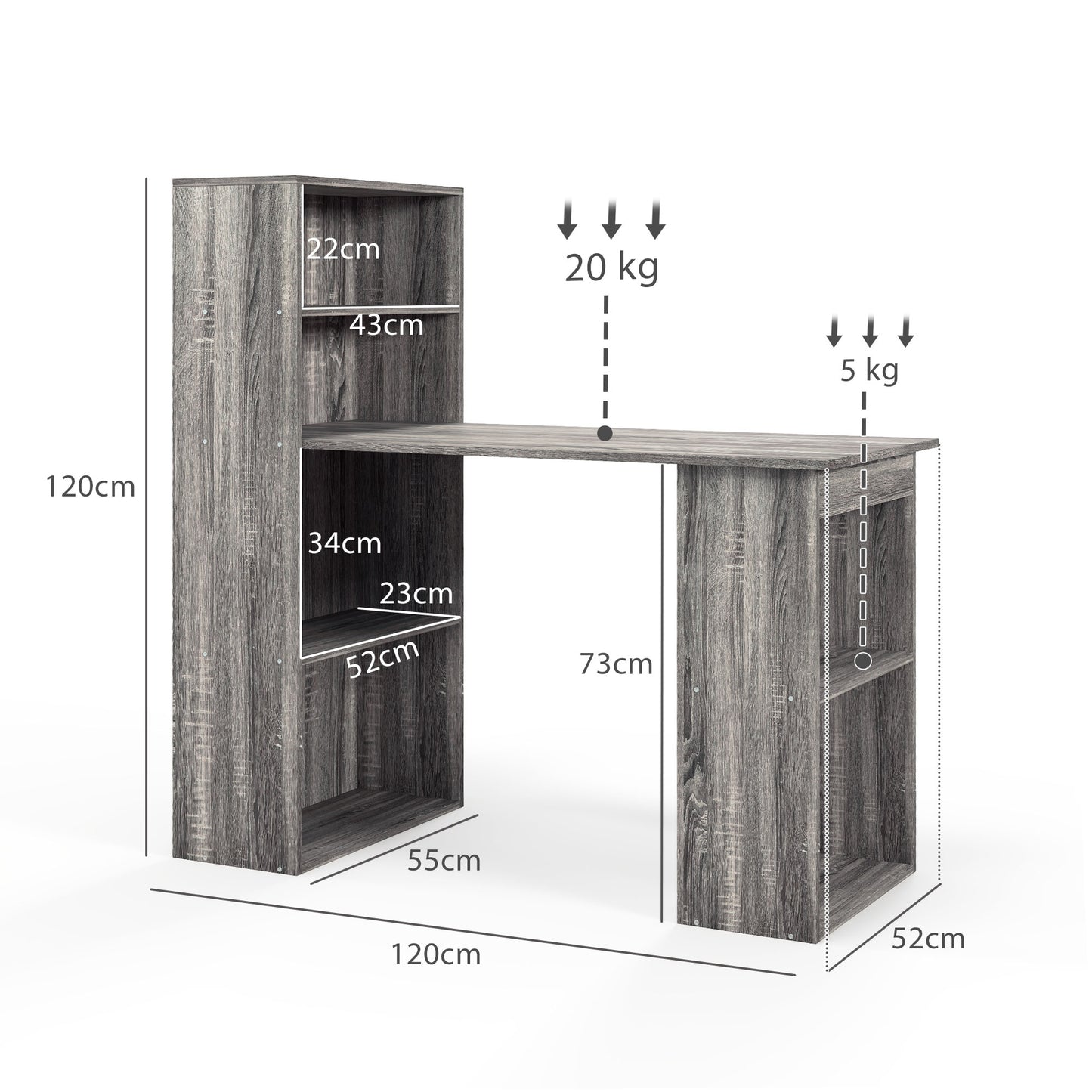 HOMCOM 120cm Desk & Bookshelf Workstation - 6 Shelves, Grey