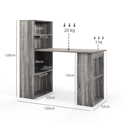 HOMCOM 120cm Desk & Bookshelf Workstation - 6 Shelves, Grey