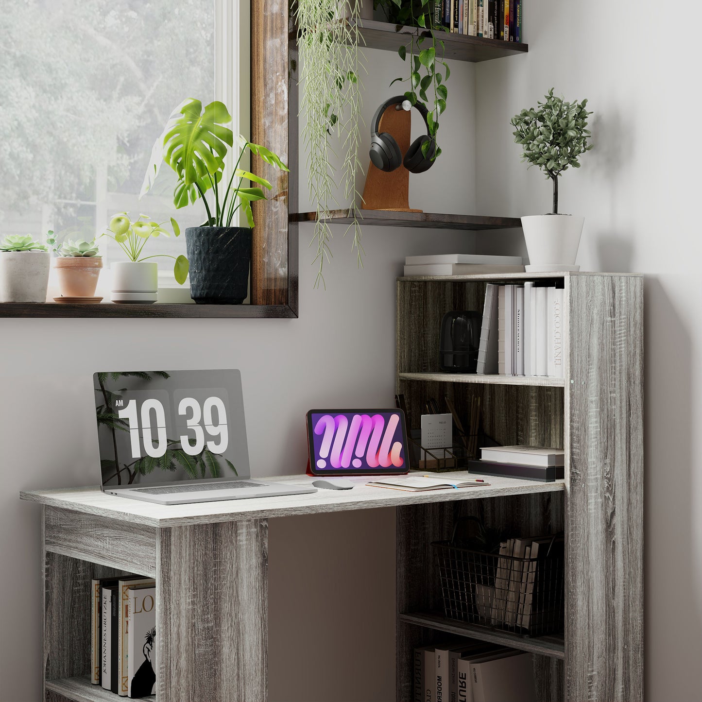 HOMCOM 120cm Desk & Bookshelf Workstation - 6 Shelves, Grey