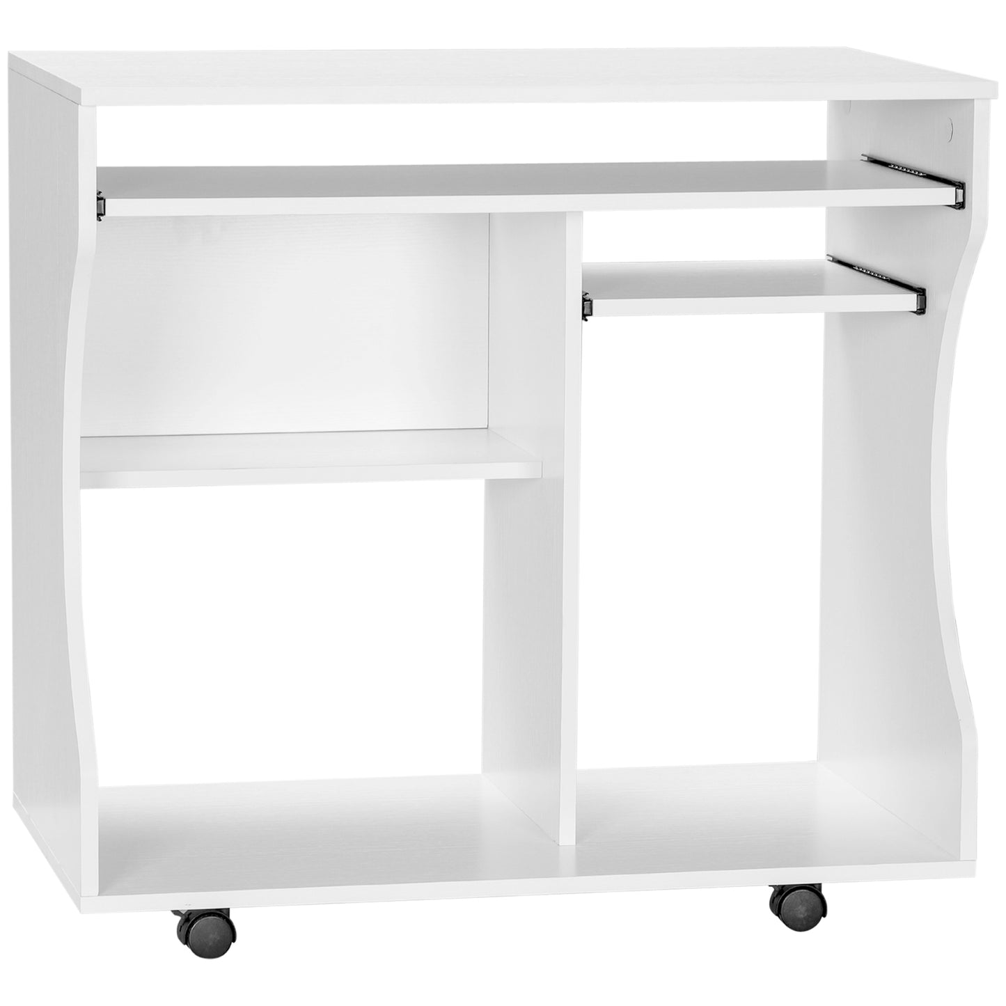 HOMCOM White Mobile Computer Desk with Sliding Keyboard Tray and Brakes