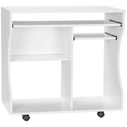 HOMCOM White Mobile Computer Desk with Sliding Keyboard Tray and Brakes