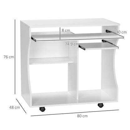 HOMCOM White Mobile Computer Desk with Sliding Keyboard Tray and Brakes