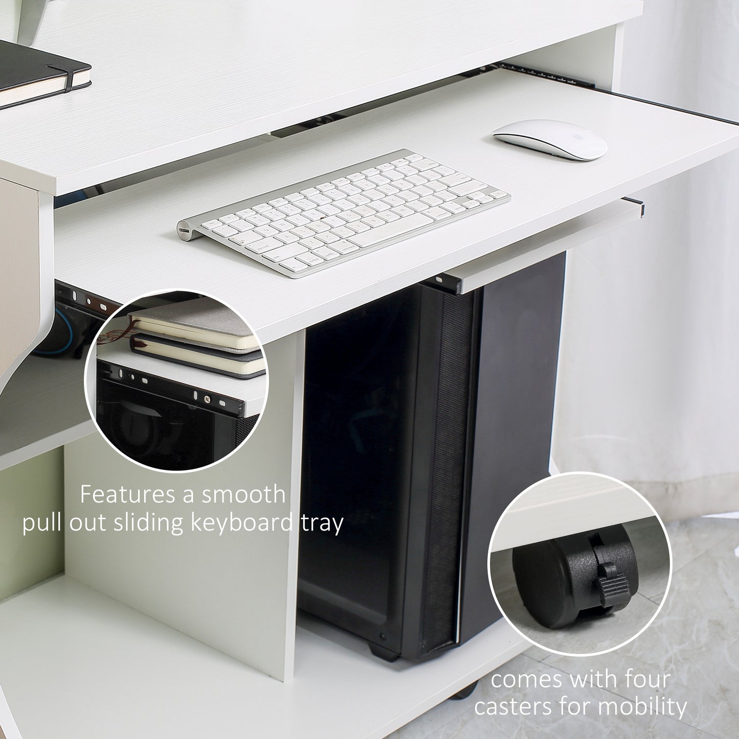 HOMCOM White Mobile Computer Desk with Sliding Keyboard Tray and Brakes