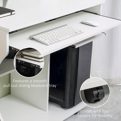 HOMCOM White Mobile Computer Desk with Sliding Keyboard Tray and Brakes