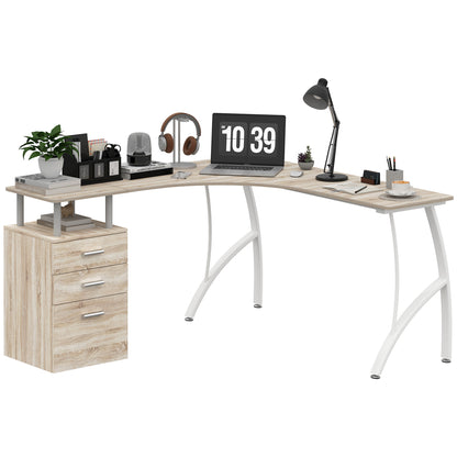 HOMCOM Oak L-Shaped Corner PC Desk with Drawer - Home Office Workspace