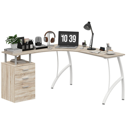 HOMCOM Oak L-Shaped Corner PC Desk with Drawer - Home Office Workspace