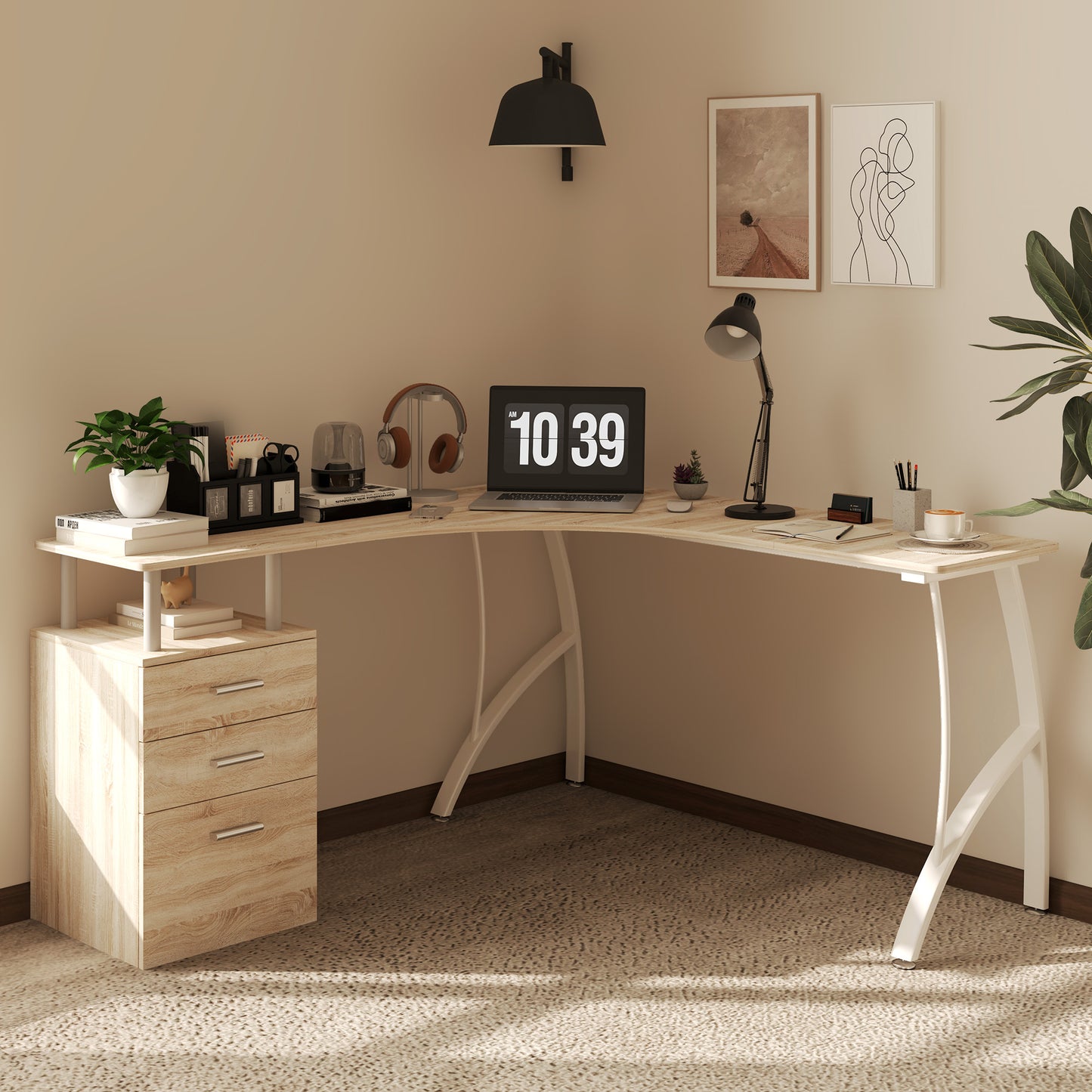 HOMCOM Oak L-Shaped Corner PC Desk with Drawer - Home Office Workspace