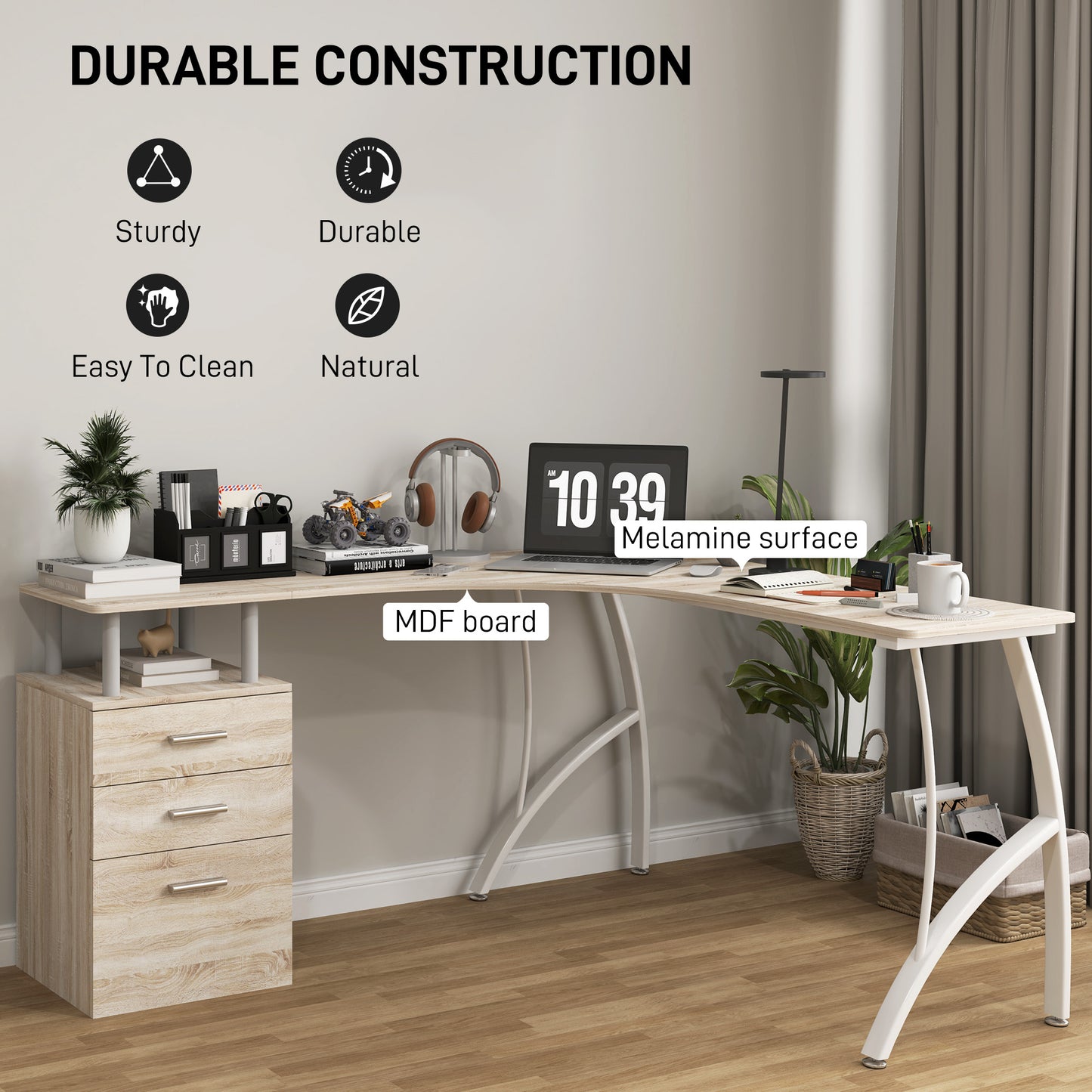 HOMCOM Oak L-Shaped Corner PC Desk with Drawer - Home Office Workspace