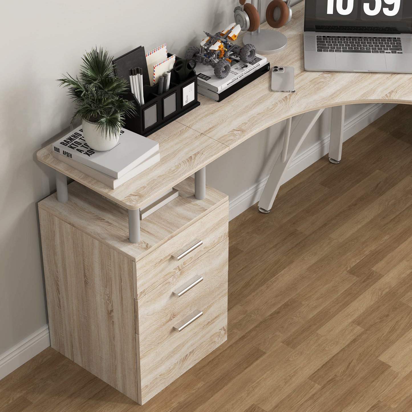 HOMCOM Oak L-Shaped Corner PC Desk with Drawer - Home Office Workspace