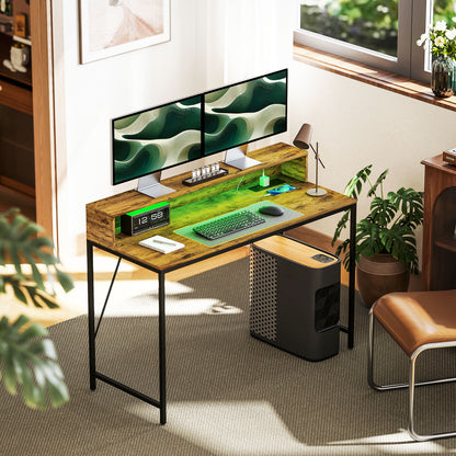 HOMCOM LED Rustic Computer Desk with Shelf - 120x50 cm