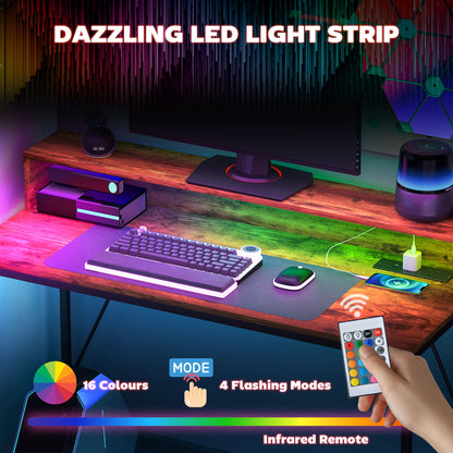 HOMCOM LED Rustic Computer Desk with Shelf - 120x50 cm