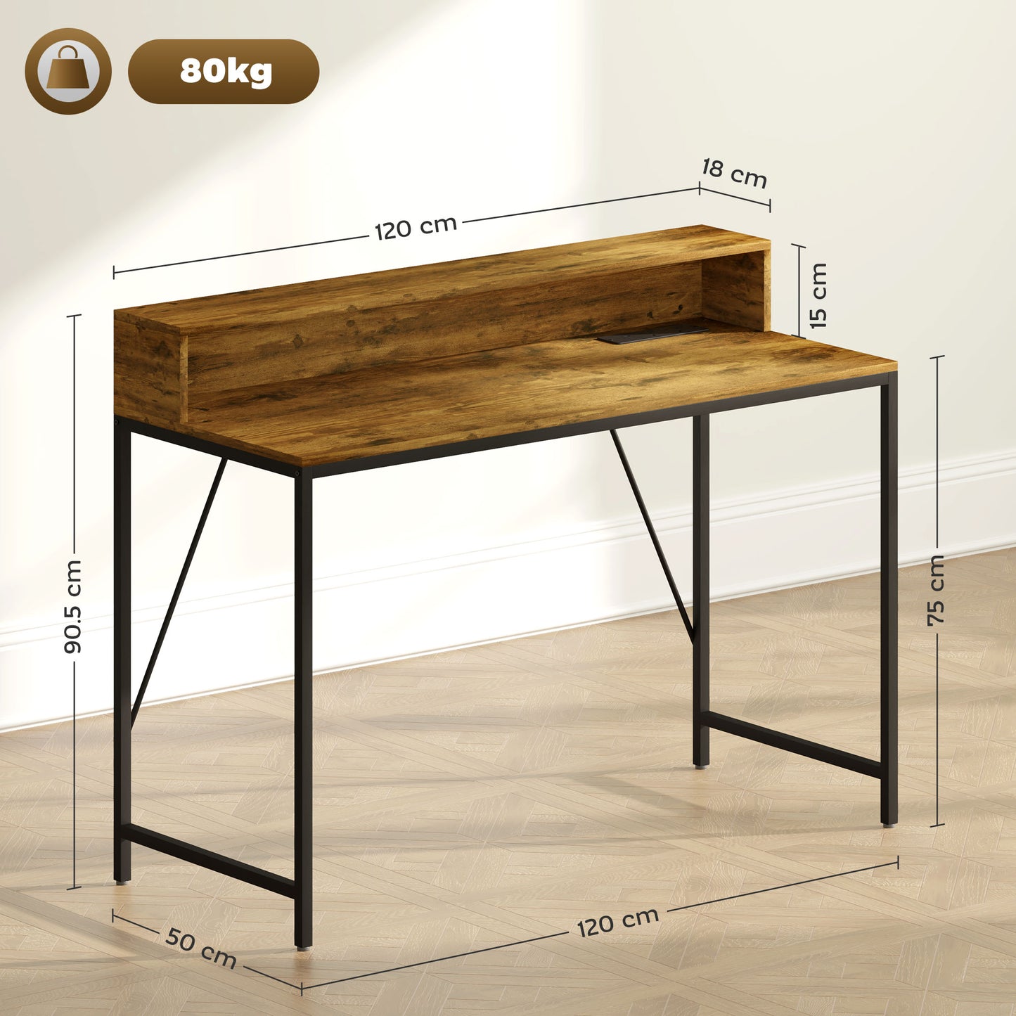 HOMCOM LED Rustic Computer Desk with Shelf - 120x50 cm