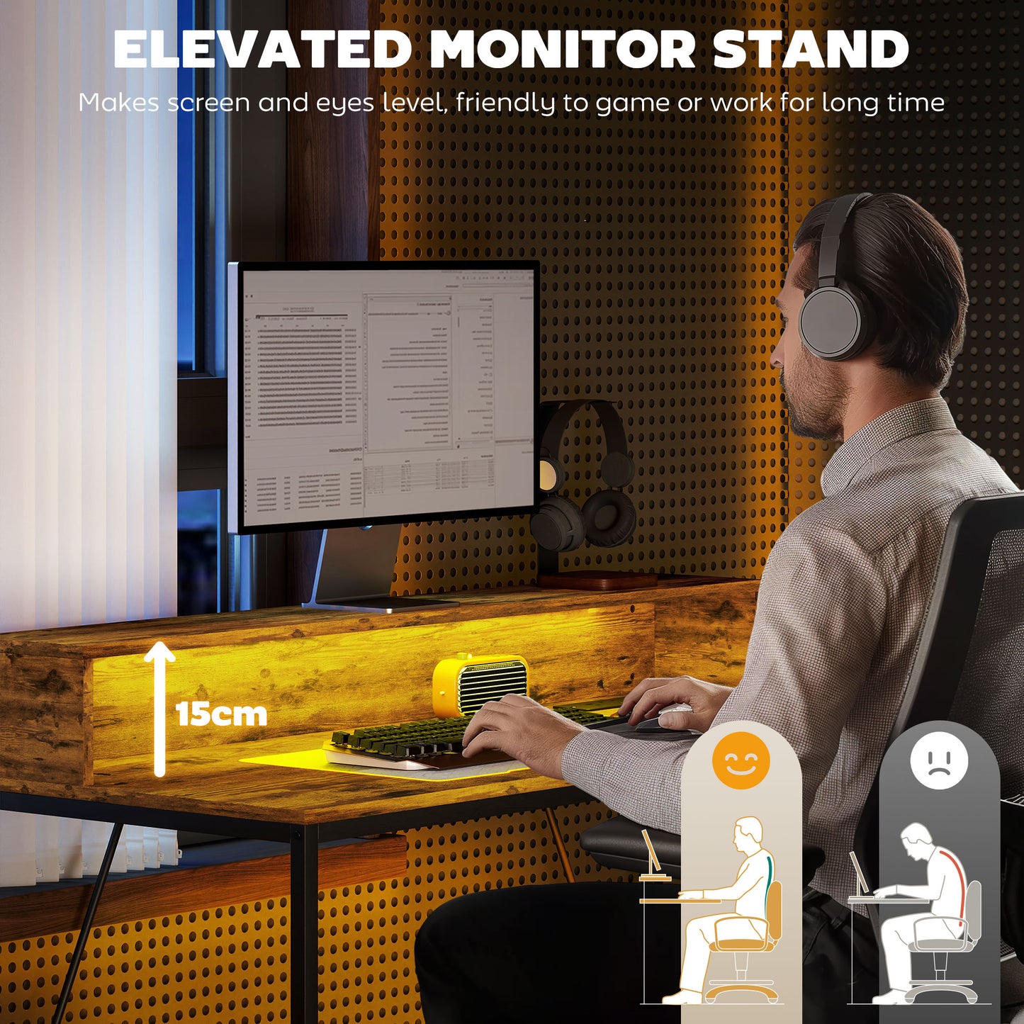 HOMCOM LED Rustic Computer Desk with Shelf - 120x50 cm