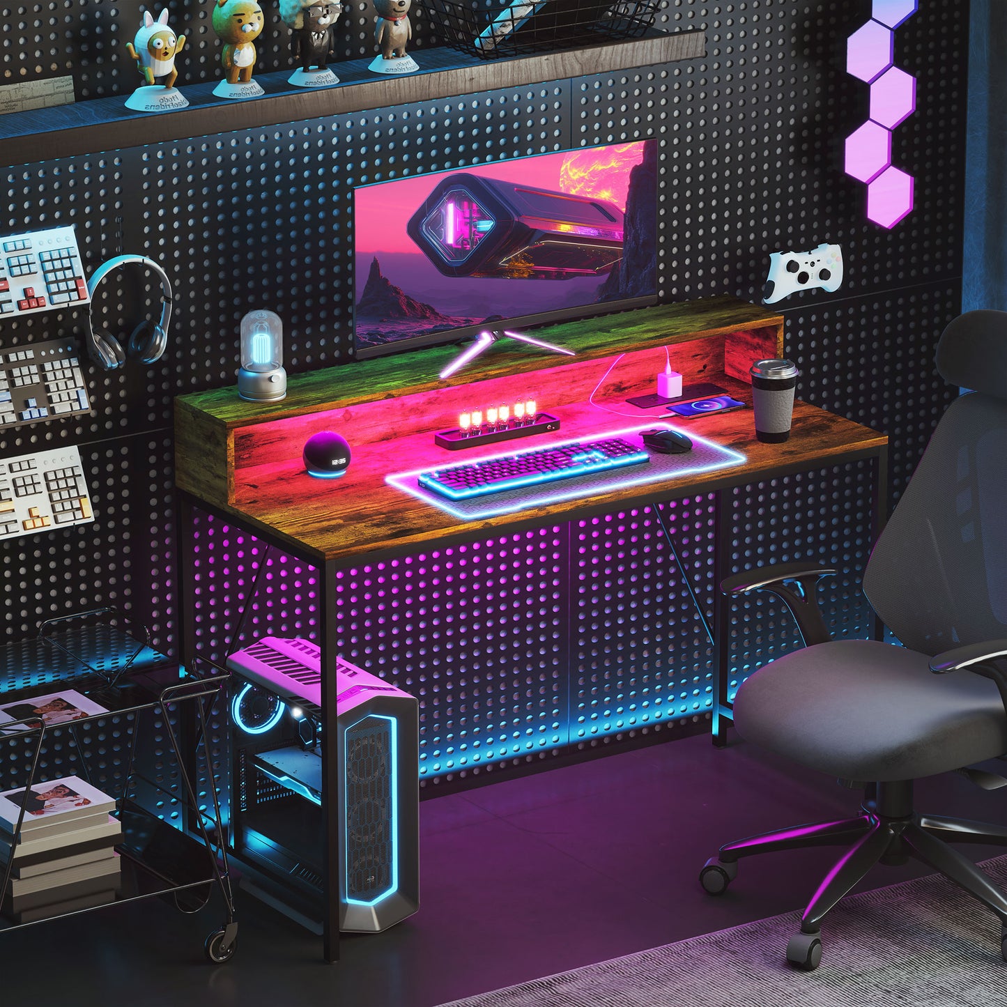 HOMCOM LED Rustic Computer Desk with Shelf - 120x50 cm