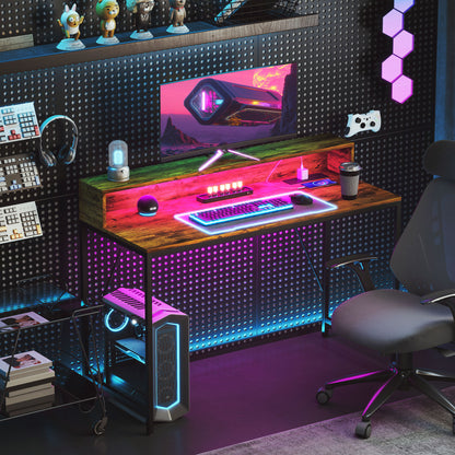 HOMCOM LED Rustic Computer Desk with Shelf - 120x50 cm