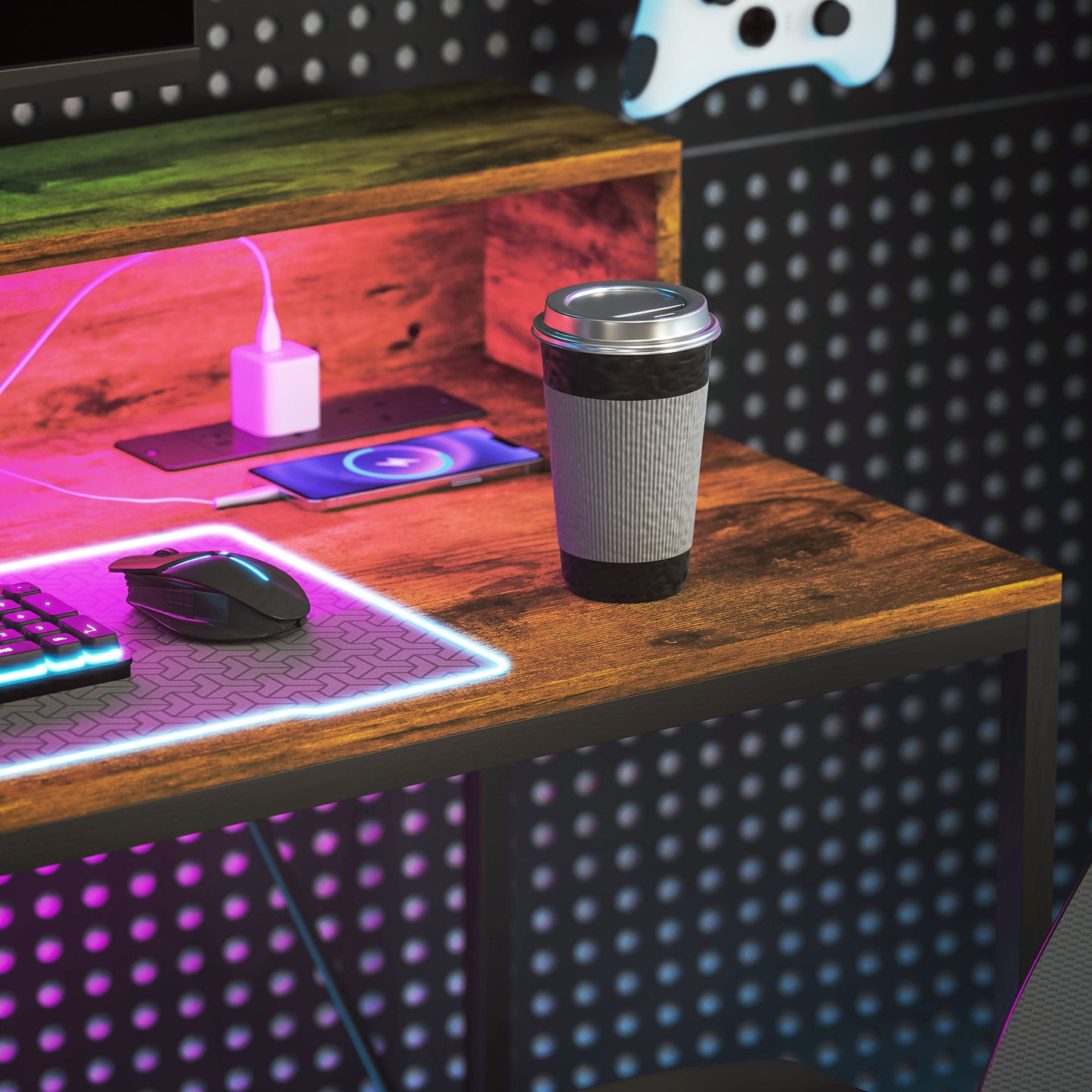 HOMCOM LED Rustic Computer Desk with Shelf - 120x50 cm