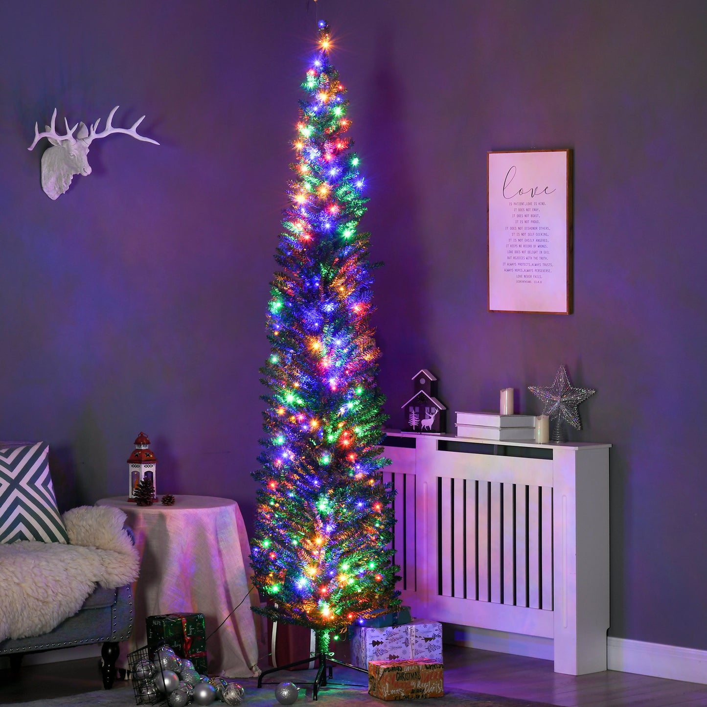 7.5ft Slim Pencil Christmas Tree with Colorful LED Lights & Steel Base