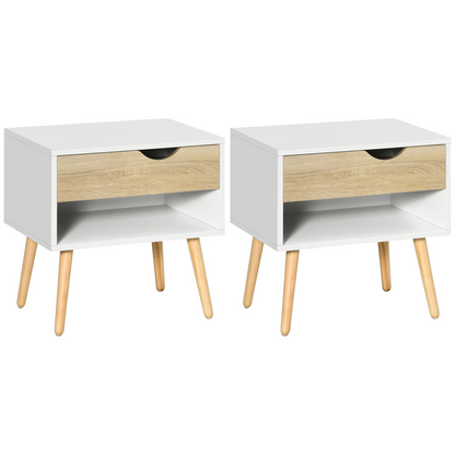 HOMCOM Set of 2 Bedside Table with Drawer & Shelf, Nightstand for Bedroom
