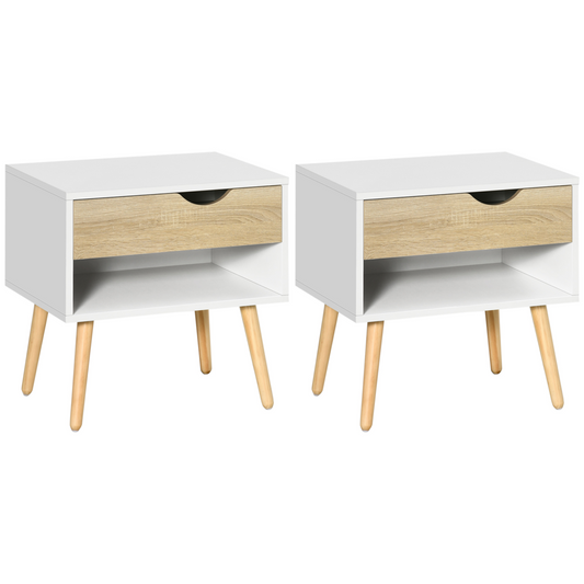 HOMCOM Set of 2 Bedside Table with Drawer & Shelf, Nightstand for Bedroom