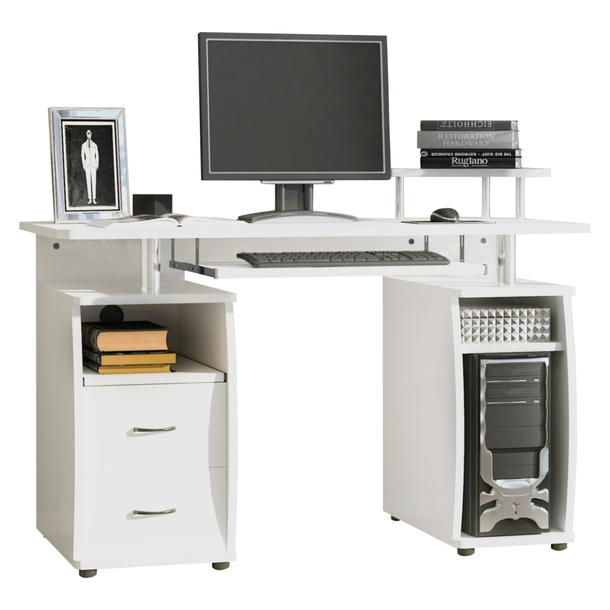 HOMCOM White Computer Desk with Keyboard Tray, Drawer & Monitor Shelf