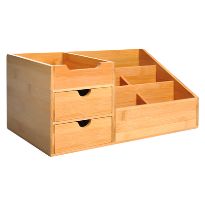 Eco Bamboo Desk Organizer - 2 Drawers, 7 Compartments