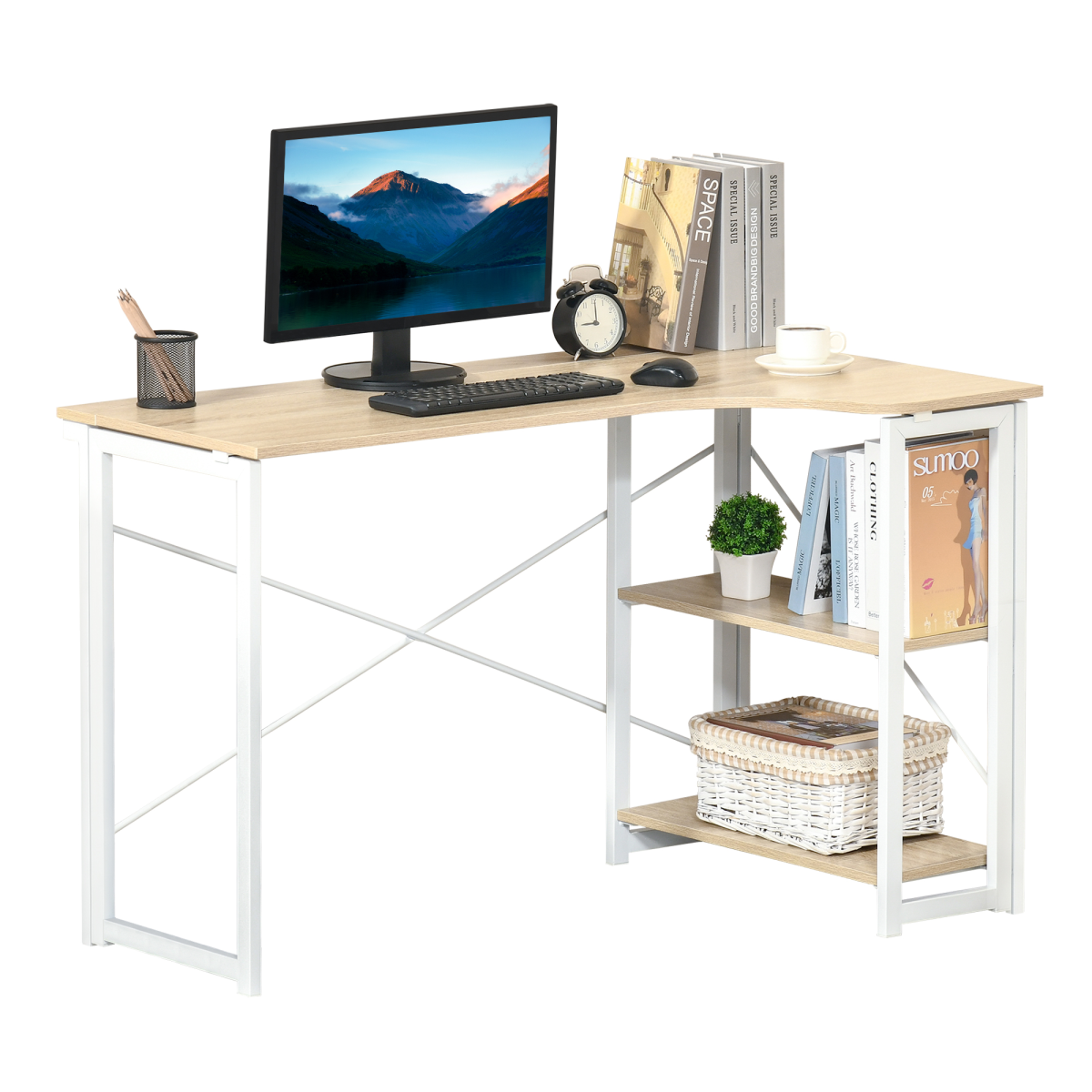 L-Shape Folding Desk with 2 Shelves – Oak Tone Study Table