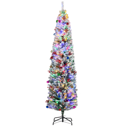 HOMCOM 7' Flocked Artificial Christmas Tree with LED Lights & Decor