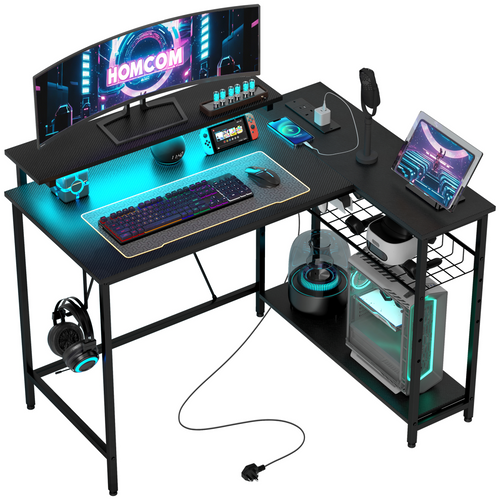HOMCOM L-Shaped Gaming Desk with LED Lights & Built-in USB/Outlets