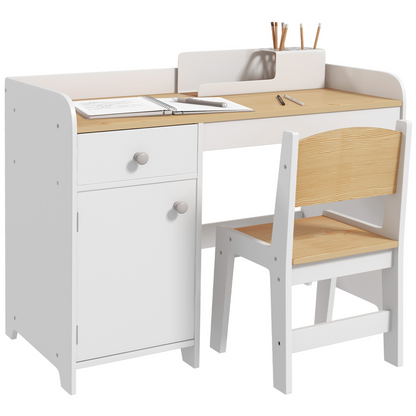 ZONEKIZ Durable White Kids Desk & Chair Set with Storage Drawer for Ages 3-6