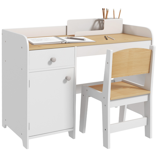 ZONEKIZ Durable White Kids Desk & Chair Set with Storage Drawer for Ages 3-6
