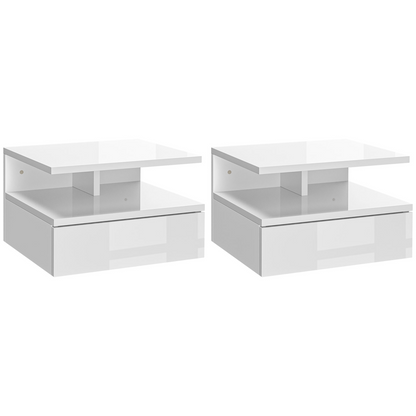 HOMCOM Nightstand Set of 2, Wall Mounted Bedside Cabinet, High Gloss White