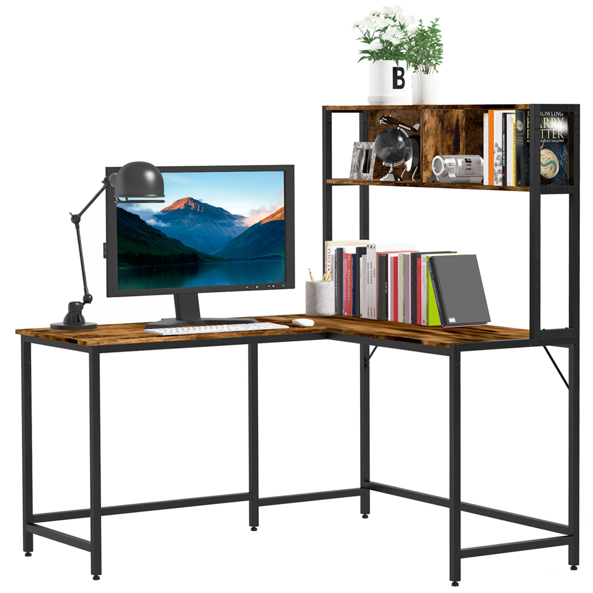 Industrial L-Shaped Desk with Shelf, 149x140x125cm, Brown & Black