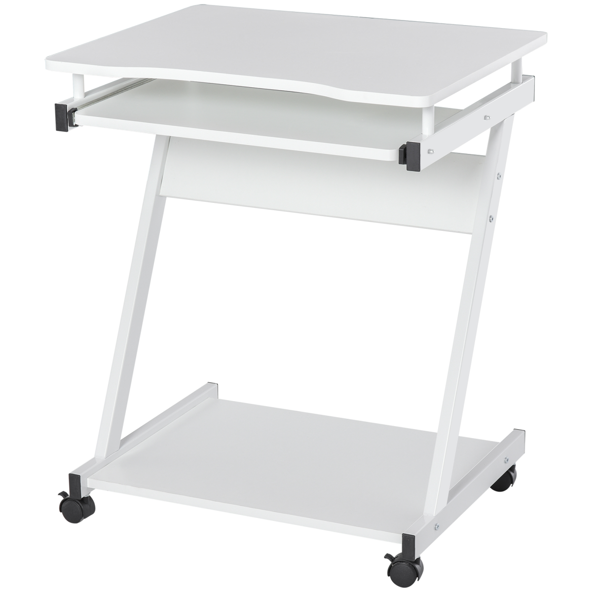 White Mobile Computer Desk with Sliding Keyboard Tray and 4 Wheels