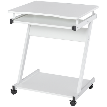 White Mobile Computer Desk with Sliding Keyboard Tray and 4 Wheels