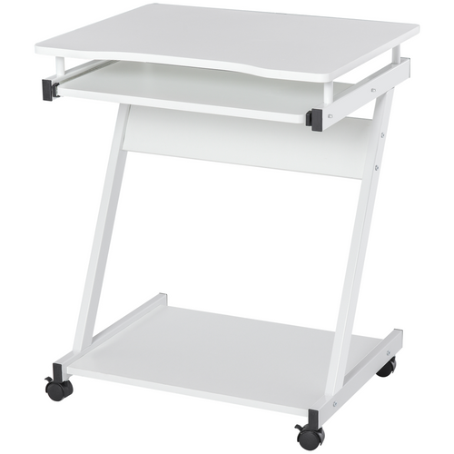 White Mobile Computer Desk with Sliding Keyboard Tray and 4 Wheels