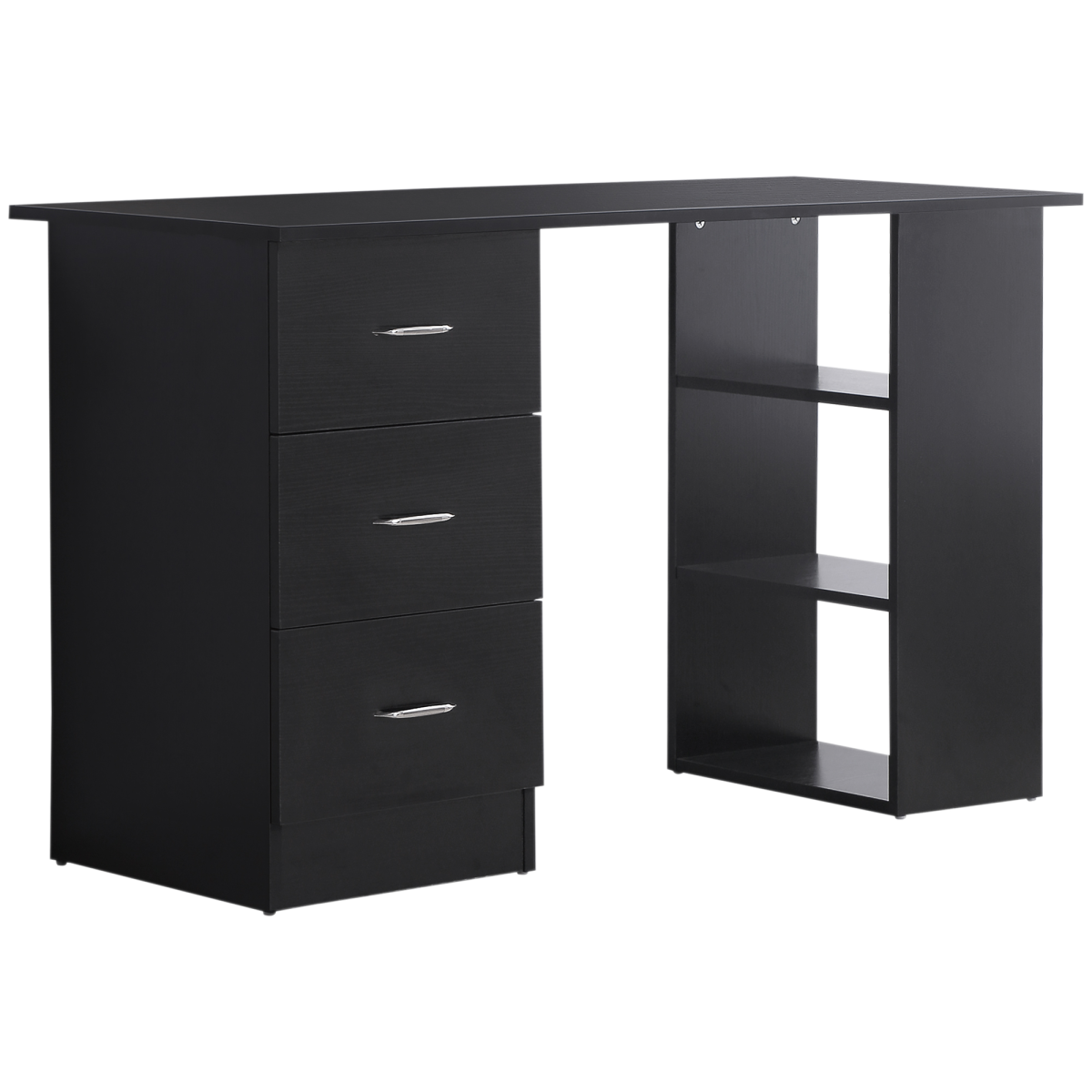 120cm Black Computer Desk with 3-Shelf Storage & Drawers
