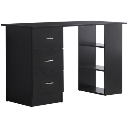 120cm Black Computer Desk with 3-Shelf Storage & Drawers