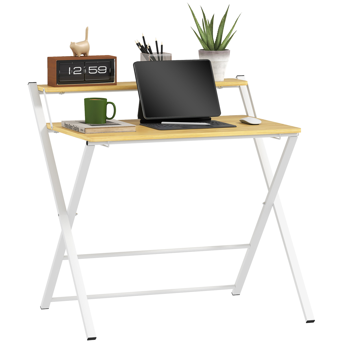 HOMCOM Folding Desk with 2-Tier Shelf - Space-Saving Maple Wood-Effect