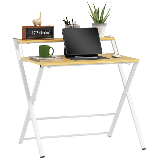 HOMCOM Folding Desk with 2-Tier Shelf - Space-Saving Maple Wood-Effect