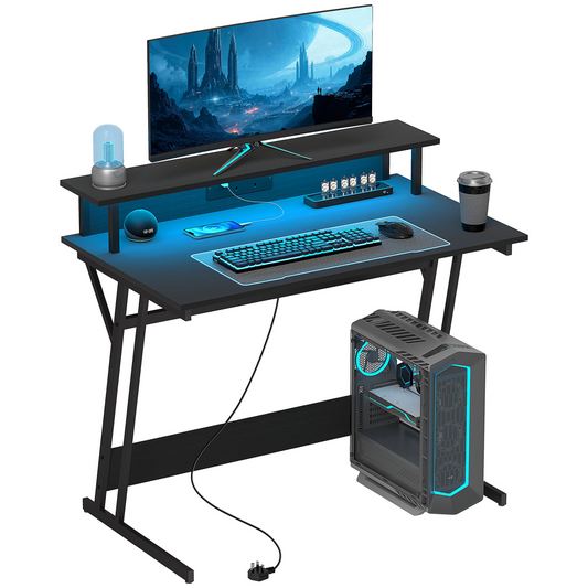 HOMCOM LED Gaming Desk with RGB Lights, Power Outlets & Monitor Stand 100x60cm