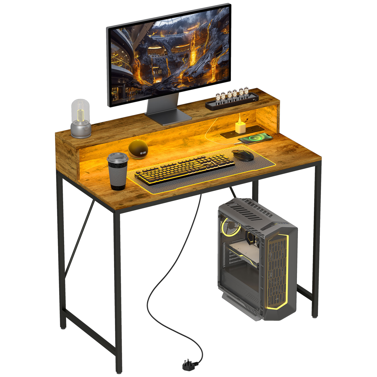 HOMCOM LED Lighted Computer Desk with Shelf - Remote & Rustic Brown