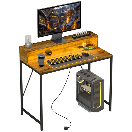 HOMCOM LED Lighted Computer Desk with Shelf - Remote & Rustic Brown