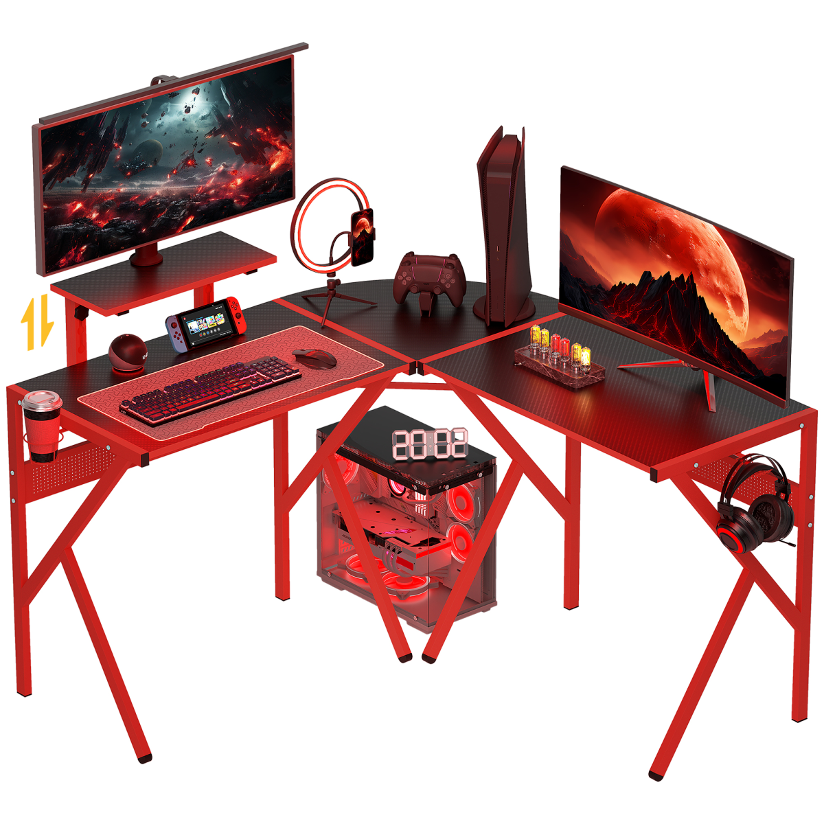 Red L-Shaped Gaming Desk - 49.25x49.25x29.5 in, Monitor Shelf & Cup Holder