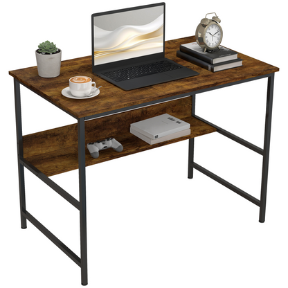HOMCOM Rustic Brown 2-Tier Writing Desk with Metal Frame & Storage Shelf