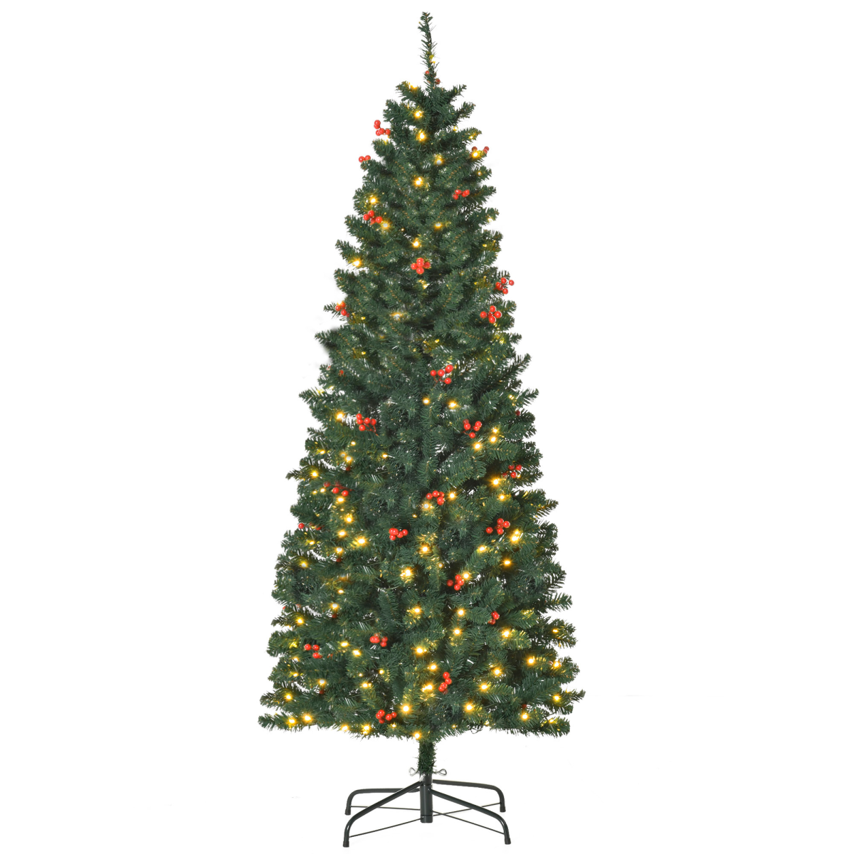 6FT Prelit Pencil Christmas Tree - Warm White LEDs, Red Berry Accents