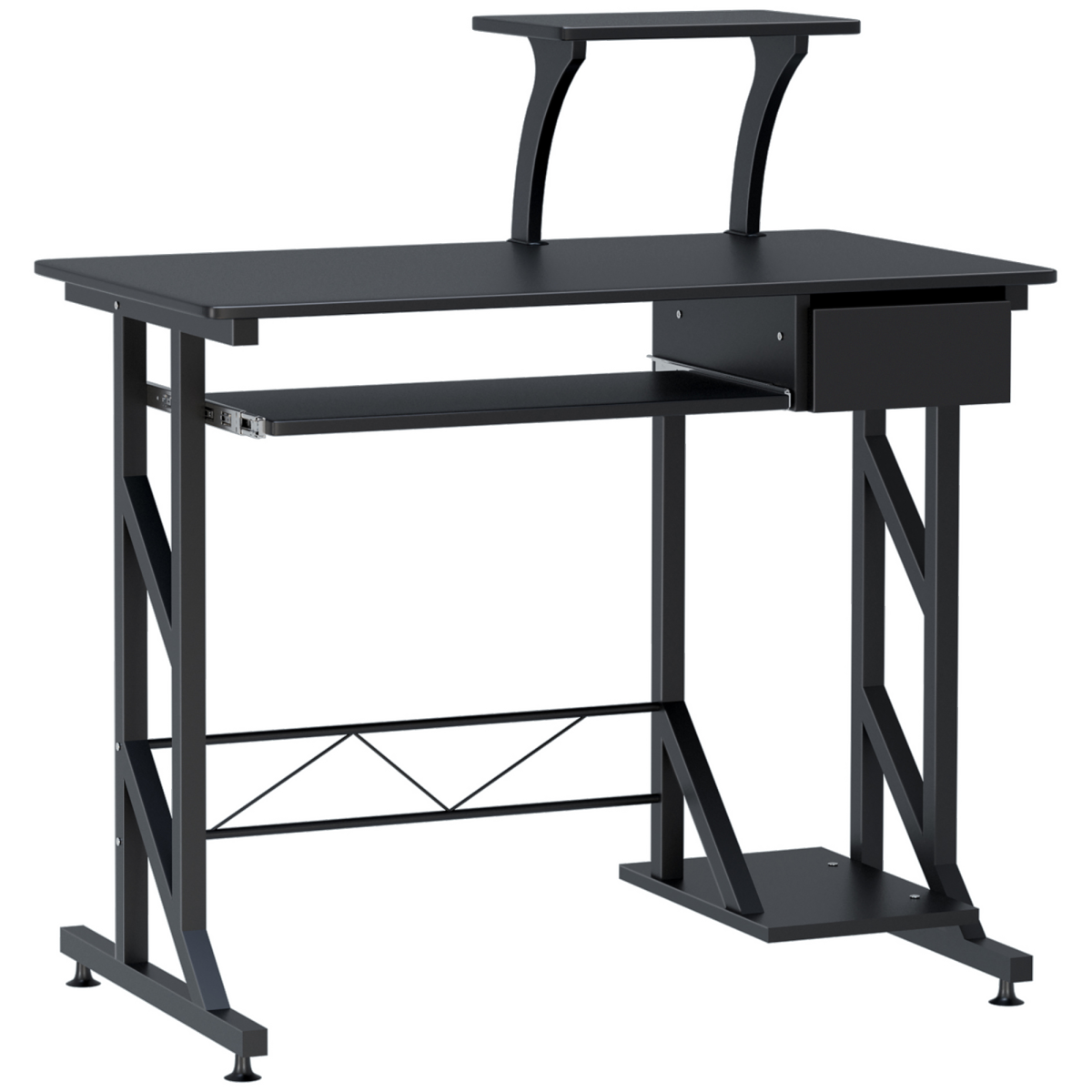 HOMCOM Black Wood Computer Desk with Keyboard Tray, CPU Stand & Elevated Shelf