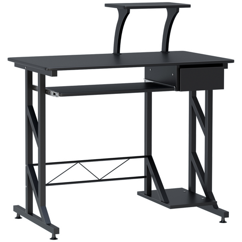 HOMCOM Black Wood Computer Desk with Keyboard Tray, CPU Stand & Elevated Shelf