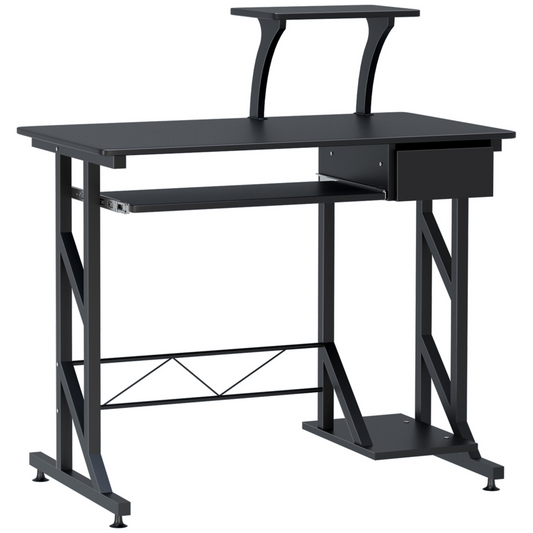 HOMCOM Black Wood Computer Desk with Keyboard Tray, CPU Stand & Elevated Shelf