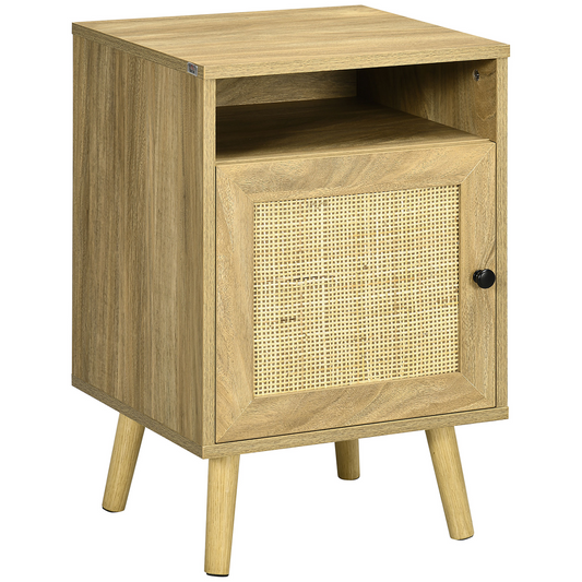 HOMCOM Nightstand, Rattan Bedside Table w/ Cabinet, Shelf, Natural